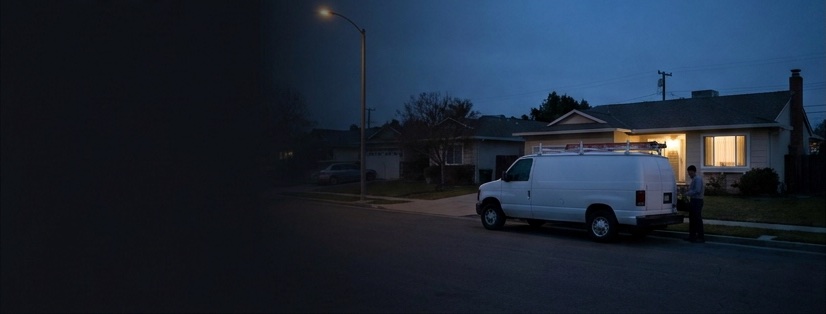 A home-service company's van outside a customer's home at dusk, porch lights on — the evening inquiry TK Corporation's AI reception answers when crews can't.