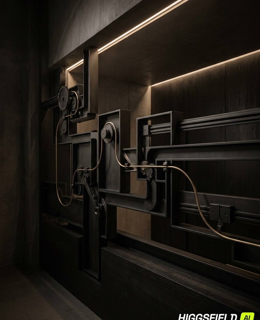 A dark machined wall of black steel and brass linkages under one warm strip of light — the operational machinery behind TK Corporation's founder-led standard.