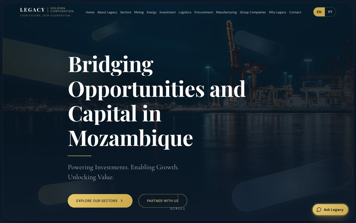 The Legacy Holding Corporation homepage: a deep navy hero over a night photograph of the Port of Beira, with the headline Bridging Opportunities and Capital in Mozambique and a gold call-to-action.